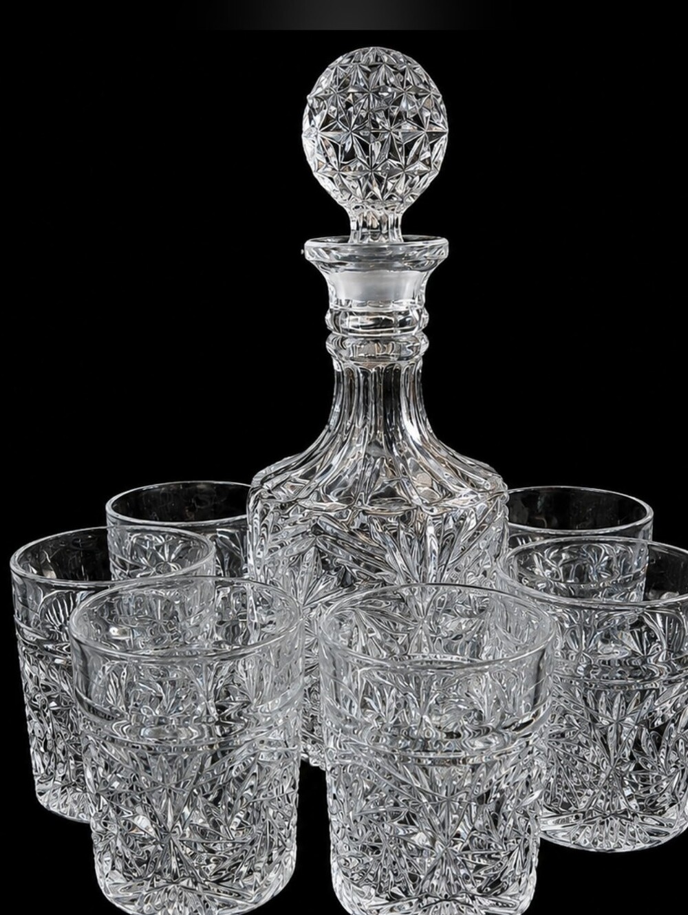 Vintage Crystal Decanter Set with Six Glasses - Clear